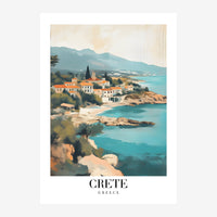 Affiche de voyage représentant un village côtier de Crète avec des maisons blanches et terracotta accrochées aux falaises.