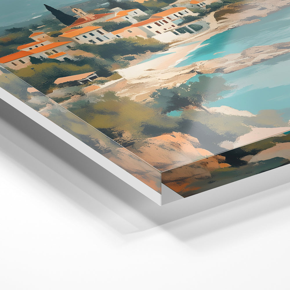 Gros plan de la matière : le tirage sous verre acrylique, tranche transparente visible.