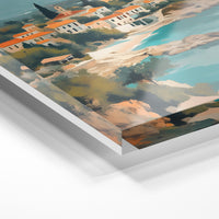Gros plan de la matière : le tirage sous verre acrylique, tranche transparente visible.