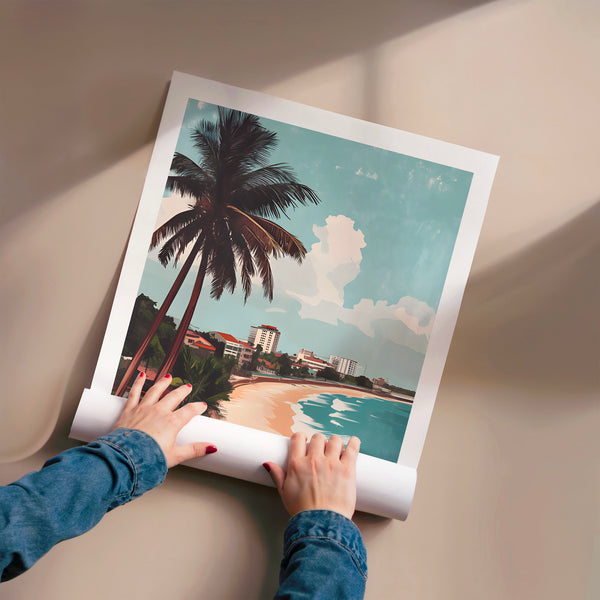 Colombo vintage, plage et palmiers turquoise — Poster HP mat