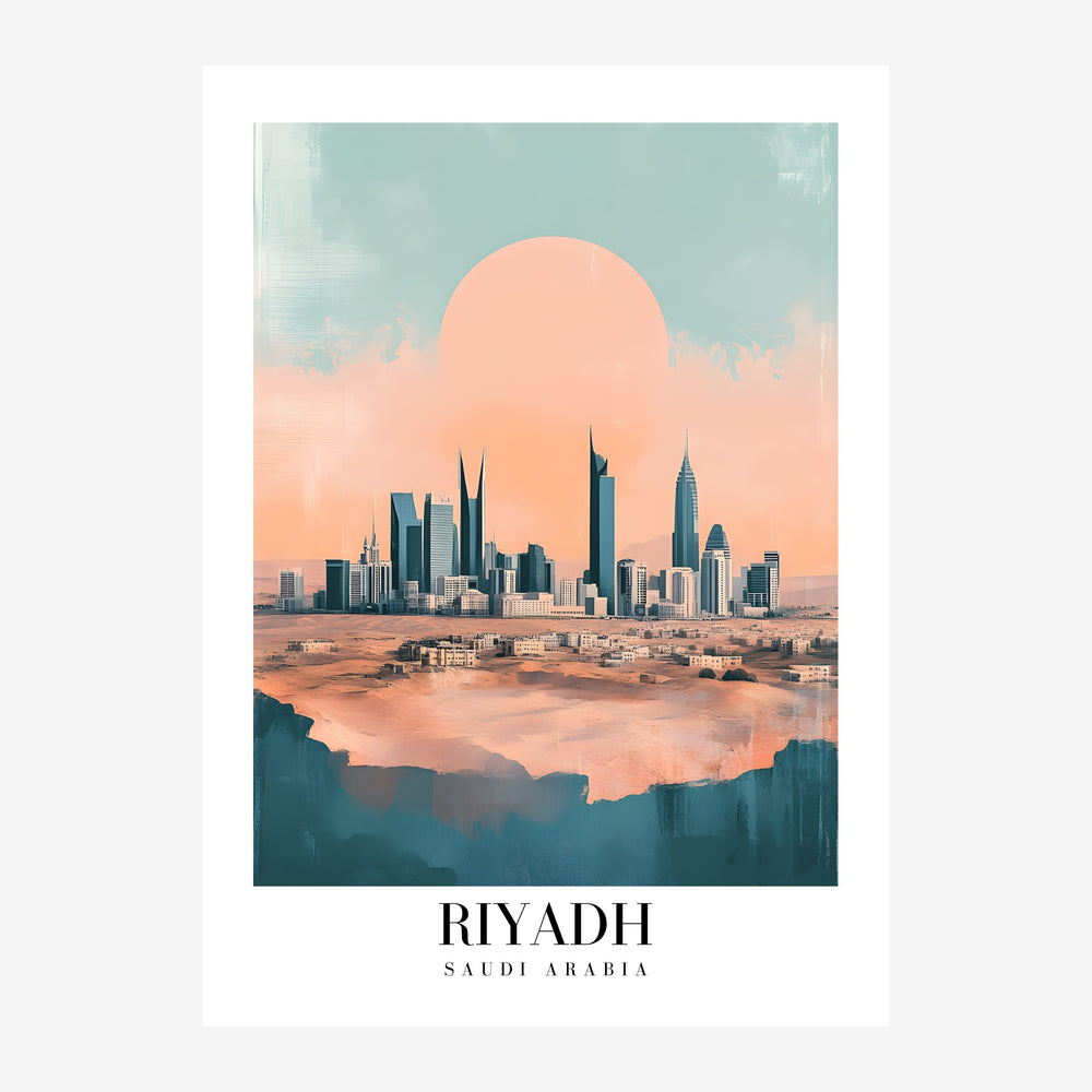 Affiche représentant la skyline de Riyadh au coucher du soleil, avec un grand soleil rose pêche sur un ciel bleu-vert, des.