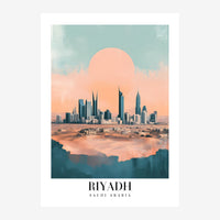 Affiche représentant la skyline de Riyadh au coucher du soleil, avec un grand soleil rose pêche sur un ciel bleu-vert, des.