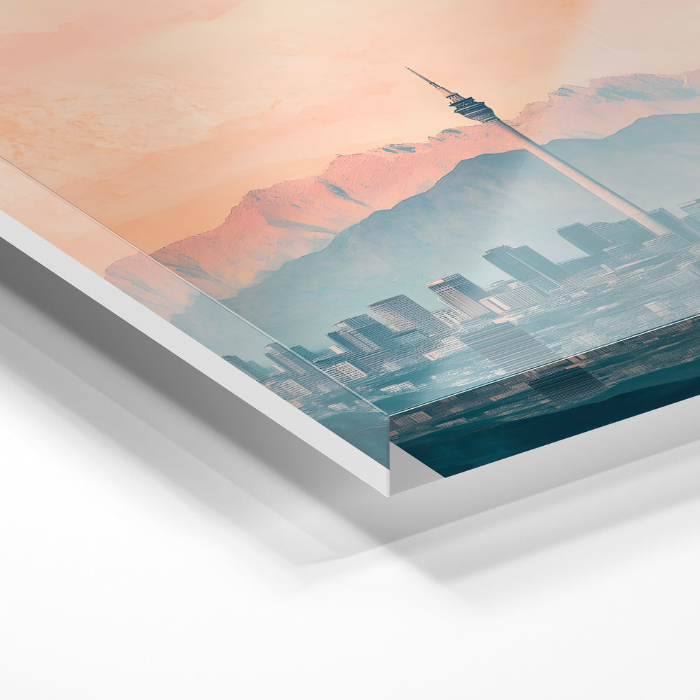 Gros plan de la matière : le tirage sous verre acrylique, tranche transparente visible.