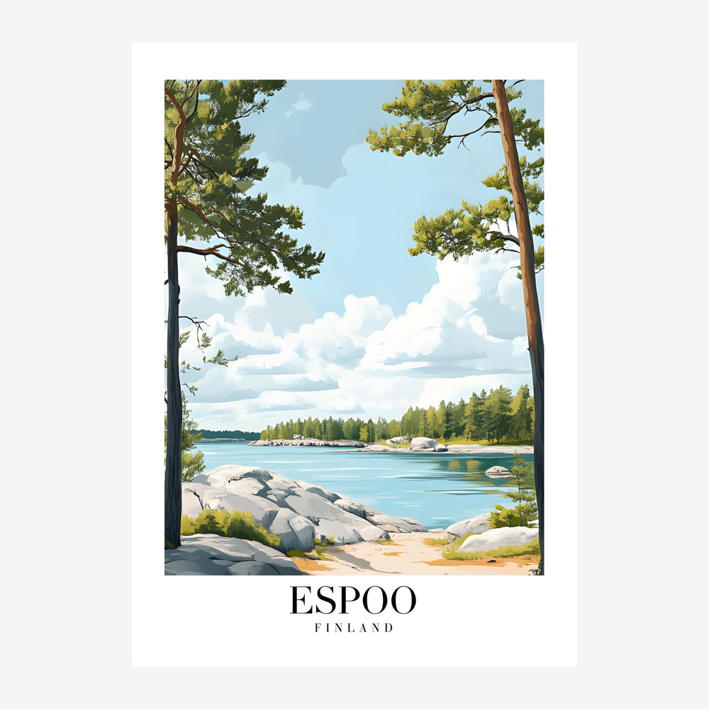 Affiche de voyage illustrant un lac finlandais entouré de pins et de rochers, avec un ciel bleu nuageux, portant le texte «.
