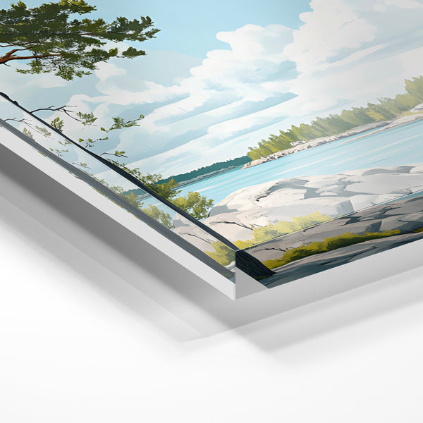 Lac turquoise et pins, affiche voyage Finlande — Verre acrylique
