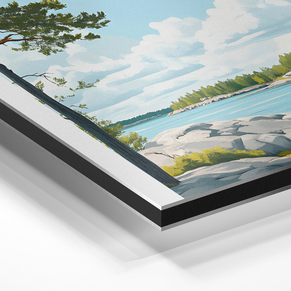 Gros plan de la matière : le tirage contrecollé sur aluminium Dibond mat, tranche visible.