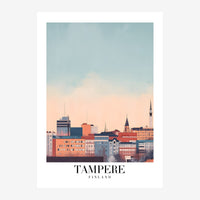 Affiche de voyage stylisée montrant la silhouette de la ville de Tampere avec ses bâtiments terracotta et bleus sous un ciel.