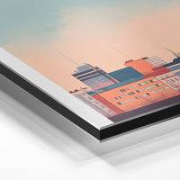 Gros plan de la matière : le tirage contrecollé sur aluminium Dibond mat, tranche visible.