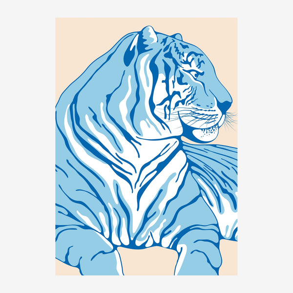 Portrait graphique d'un tigre de profil aux tons bleus et blancs sur fond beige, dans un style pop art épuré.