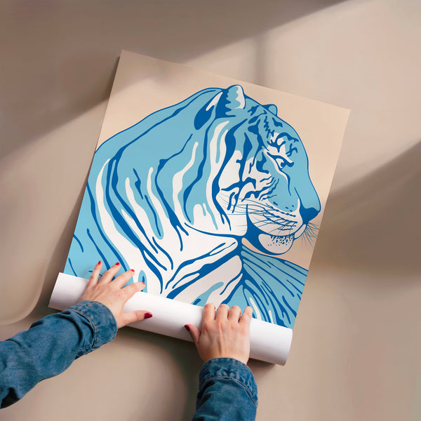 Tigre pop art bleu et blanc, style rétro — Poster HP mat