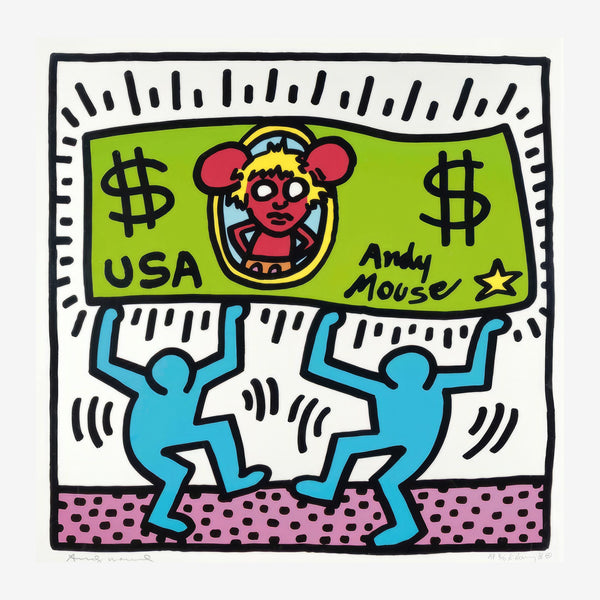 Illustration pop art stylisée en noir et blanc montrant un billet vert avec symboles dollar, une figure centrale aux.