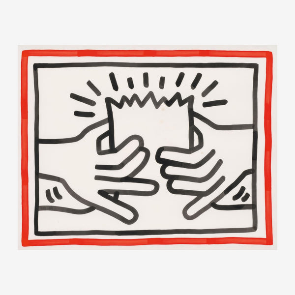 Deux mains se touchent au centre d'une illustration aux traits noirs épais, avec des traits de radiation autour, encadrement.