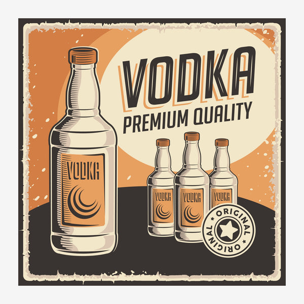 Affiche vintage style années 1950 avec une grande bouteille de vodka à gauche et trois petites bouteilles à droite, sur fond.