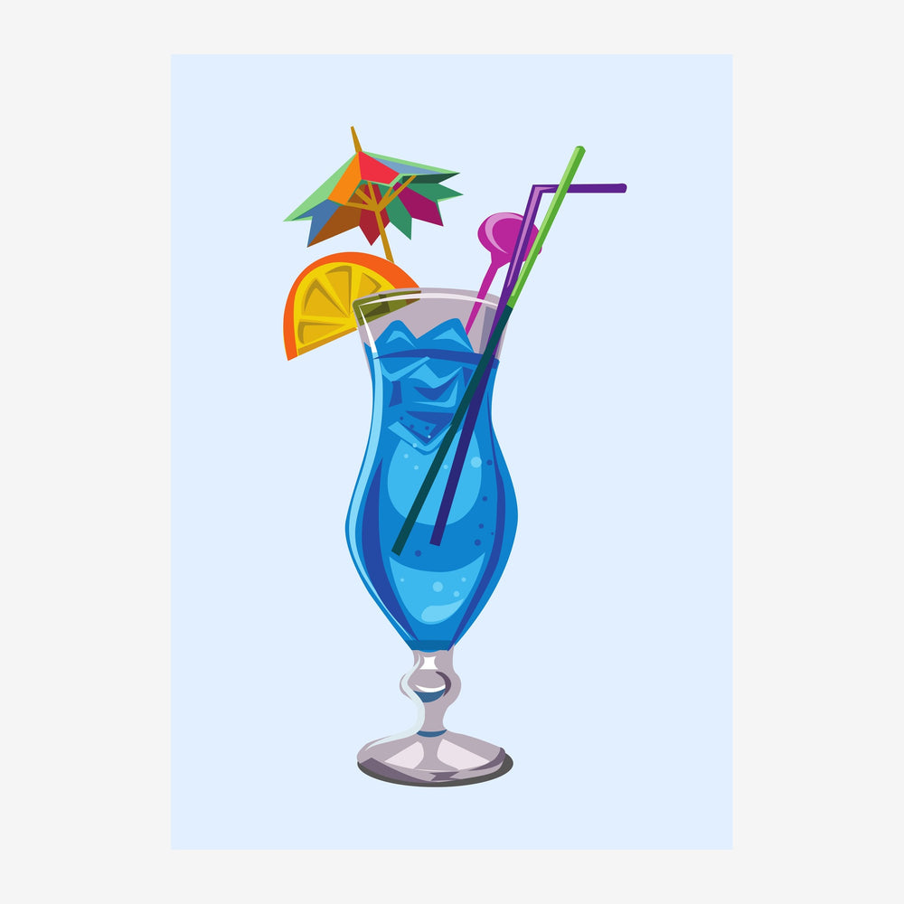 Illustration d'un verre de cocktail bleu rempli de glaçons, garni d'une tranche d'orange, d'un parasol coloré rouge et vert.