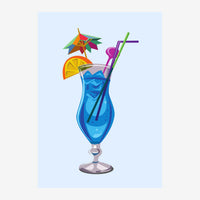 Illustration d'un verre de cocktail bleu rempli de glaçons, garni d'une tranche d'orange, d'un parasol coloré rouge et vert.