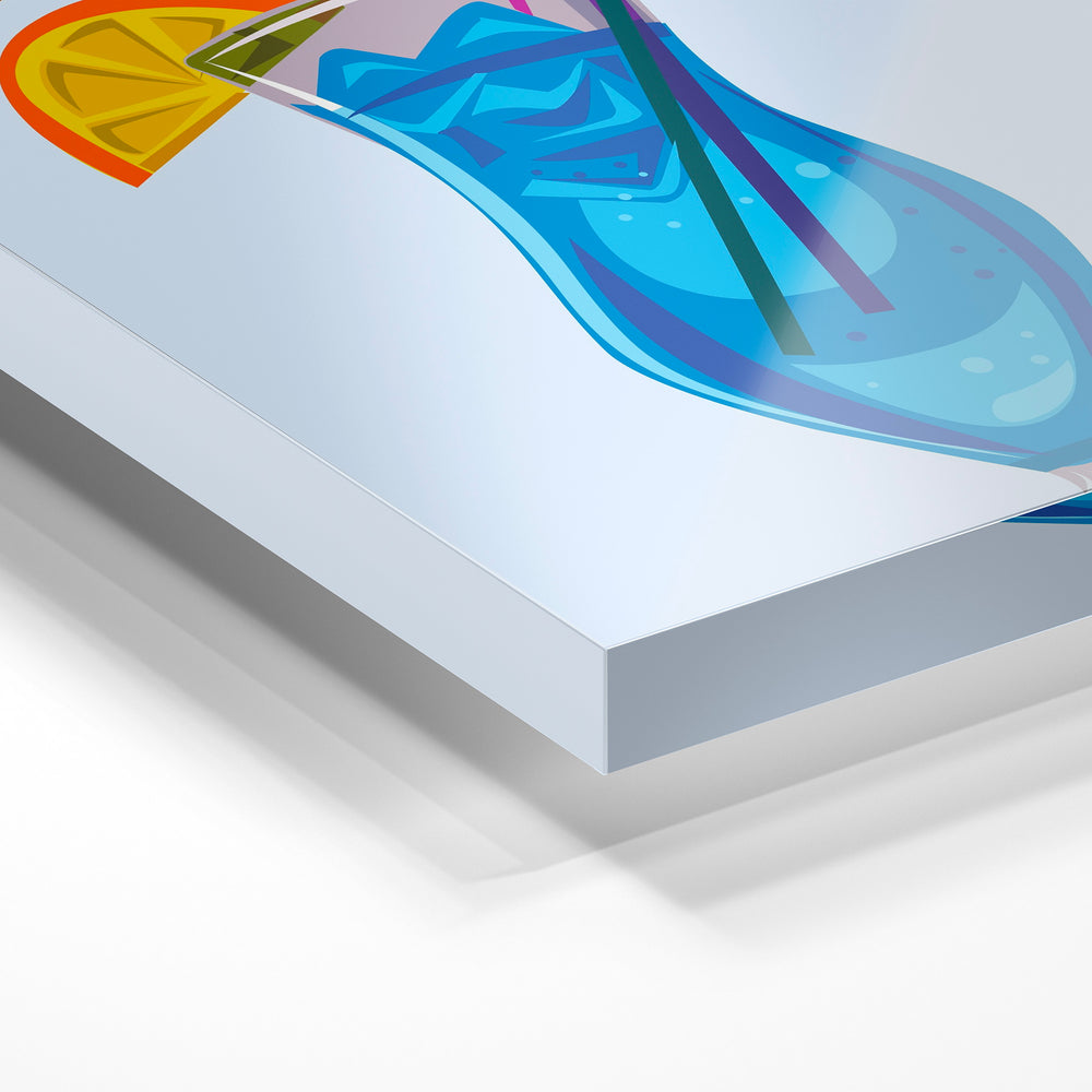 Gros plan de la matière : le tirage sous verre acrylique, tranche transparente visible.