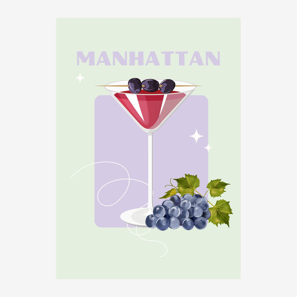 Affiche illustrant un verre de cocktail Manhattan rempli de liquide rouge avec trois olives noires, accompagné d'une grappe.