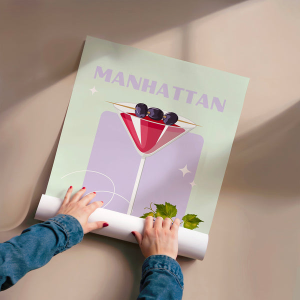 Manhattan — affiche cocktail art déco violet — Poster HP mat