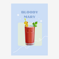 Affiche illustrée d'un verre de cocktail rouge garni d'olives et de persil sur fond bleu ciel avec le texte « Bloody Mary ».