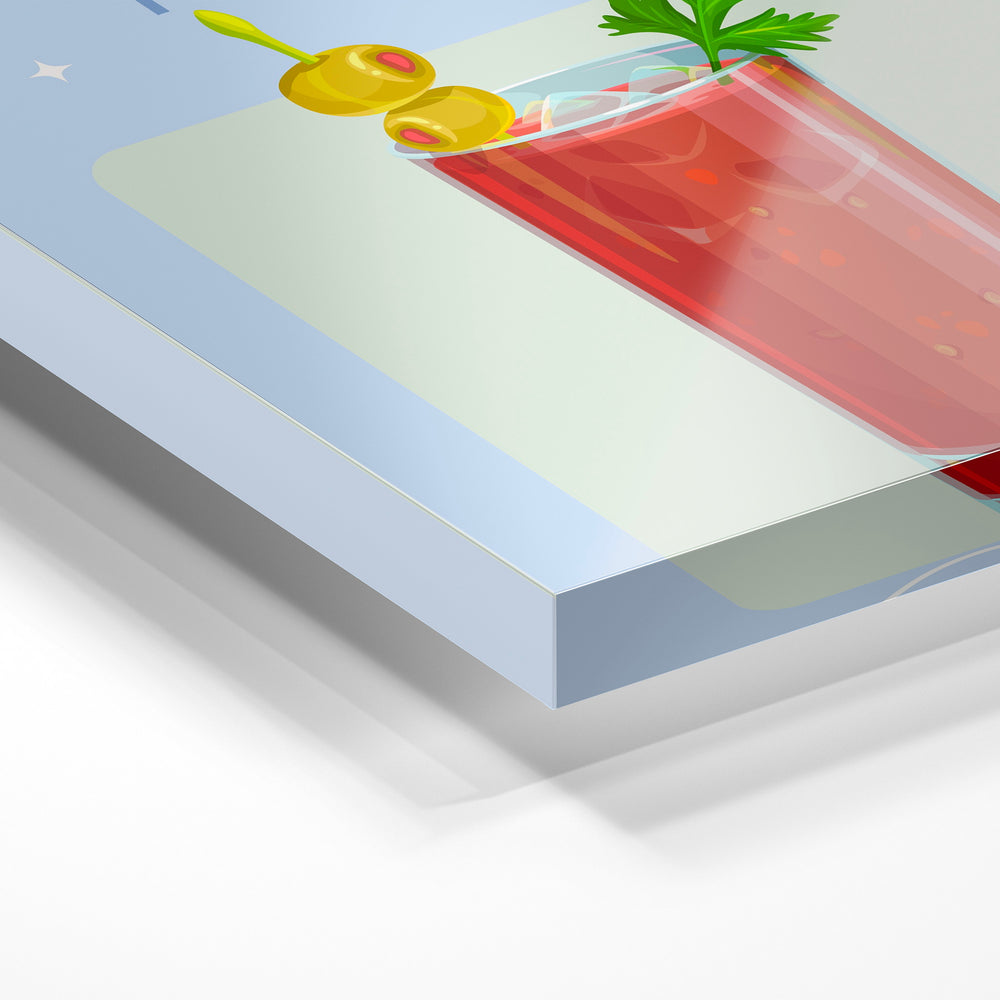 Gros plan de la matière : le tirage sous verre acrylique, tranche transparente visible.