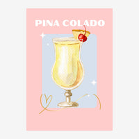 Affiche stylisée rose et bleu présentant un verre de Piña Colada jaune doré garni d'une cerise, entouré de petits cœurs.
