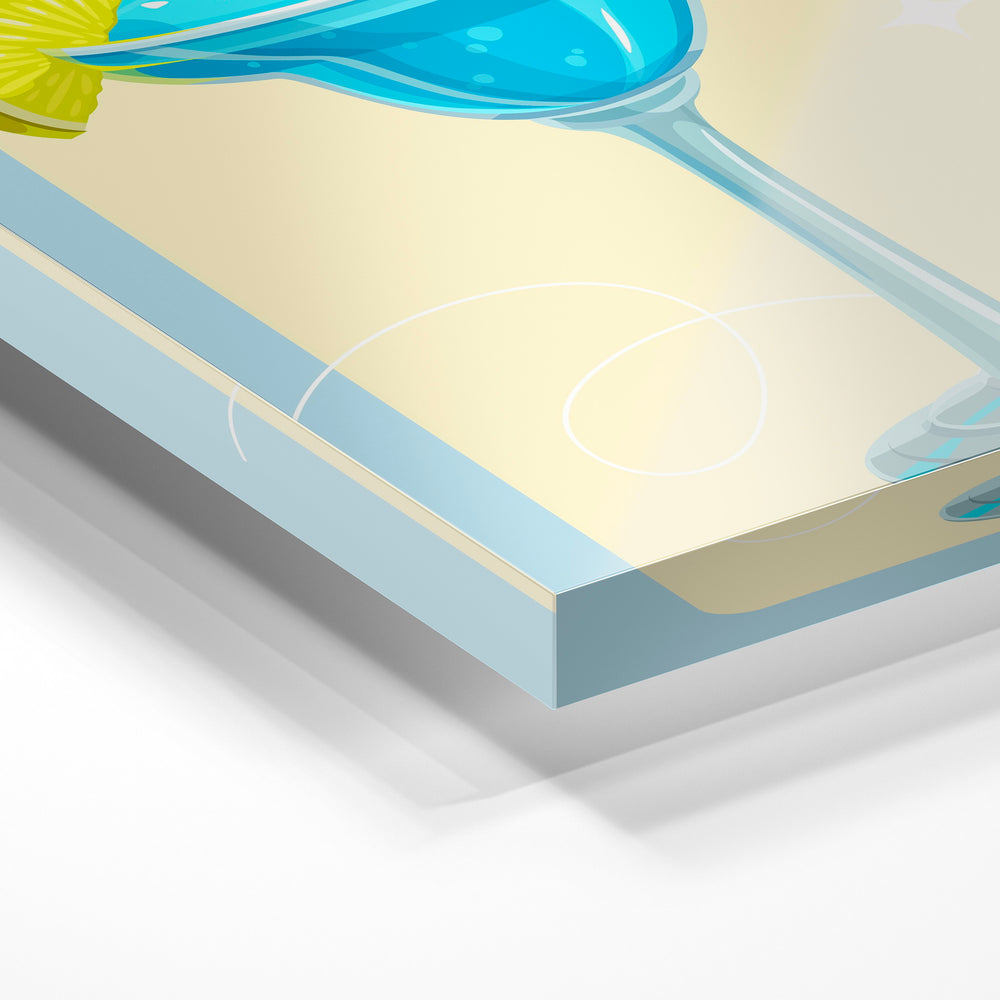 Gros plan de la matière : le tirage sous verre acrylique, tranche transparente visible.