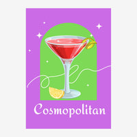 Affiche de style pop art représentant un verre de cocktail Cosmopolitan rouge avec glaçons, garni d'un zeste de citron, sur.