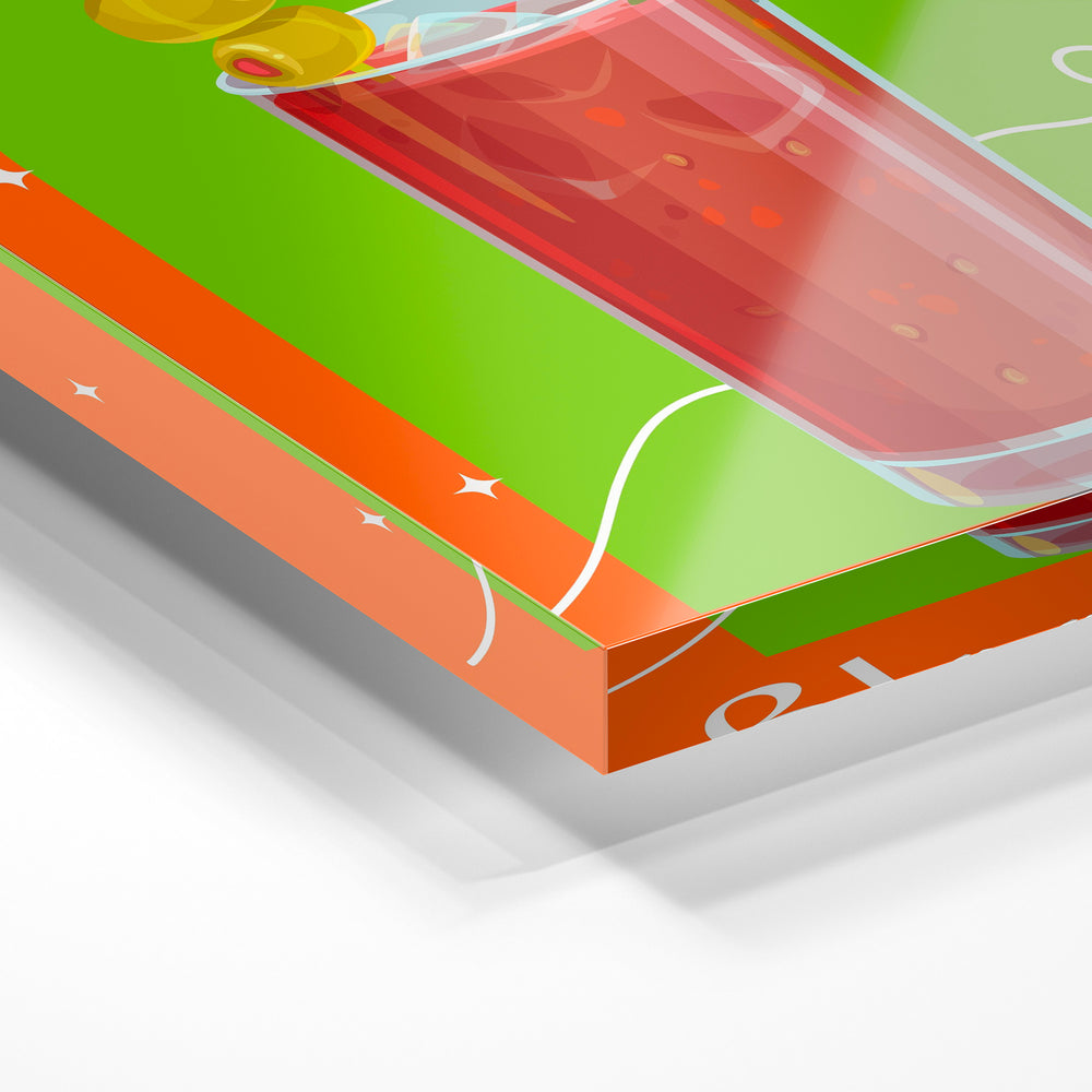 Gros plan de la matière : le tirage sous verre acrylique, tranche transparente visible.