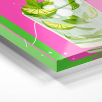 Gros plan de la matière : le tirage sous verre acrylique, tranche transparente visible.