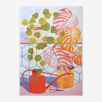 Composition botanique stylisée avec des pots rouges et orangé contenant des herbes aromatiques jaune-vert et des feuilles.
