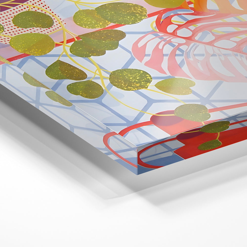 Gros plan de la matière : le tirage sous verre acrylique, tranche transparente visible.