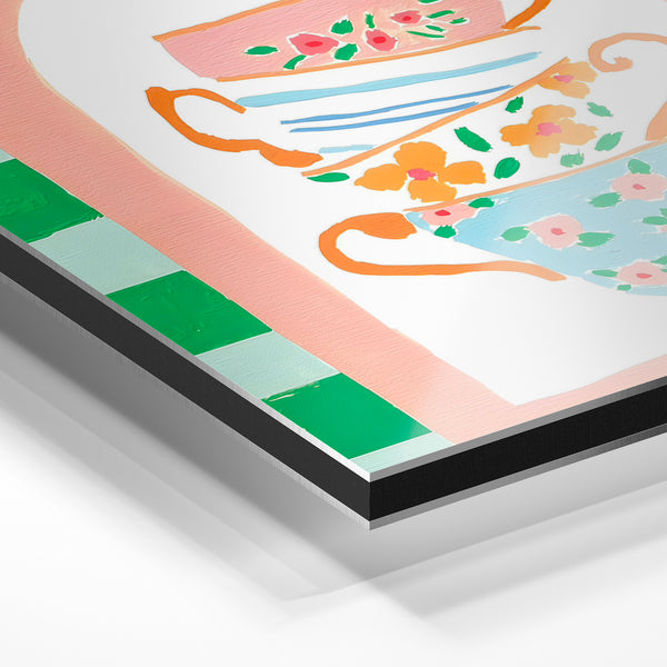 Trois tasses de thé fleuri, style pop art — Aluminium Dibond relief 3D