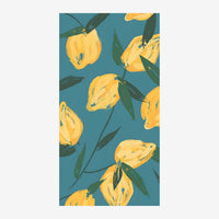 Affiche montrant des tulipes jaunes avec tiges vertes sur un fond bleu turquoise, dans un style illustration botanique.