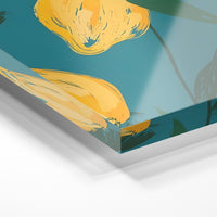 Gros plan de la matière : le tirage sous verre acrylique, tranche transparente visible.