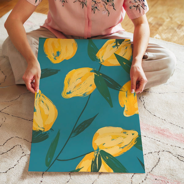 Tulipes jaunes sur bleu, affiche botanique — Poster HP mat